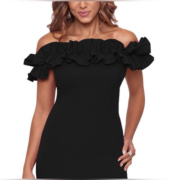 Xscape NWT Ruffle Off the Shoulder Crepe Gown Black Size 6 - Picture 3 of 7